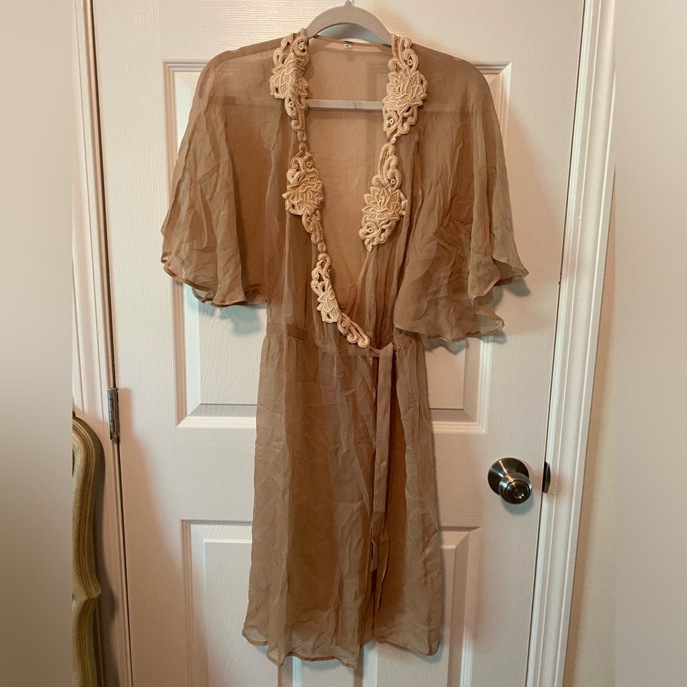 Anthropologie Sheer Silk Robe Tan/Cream | S